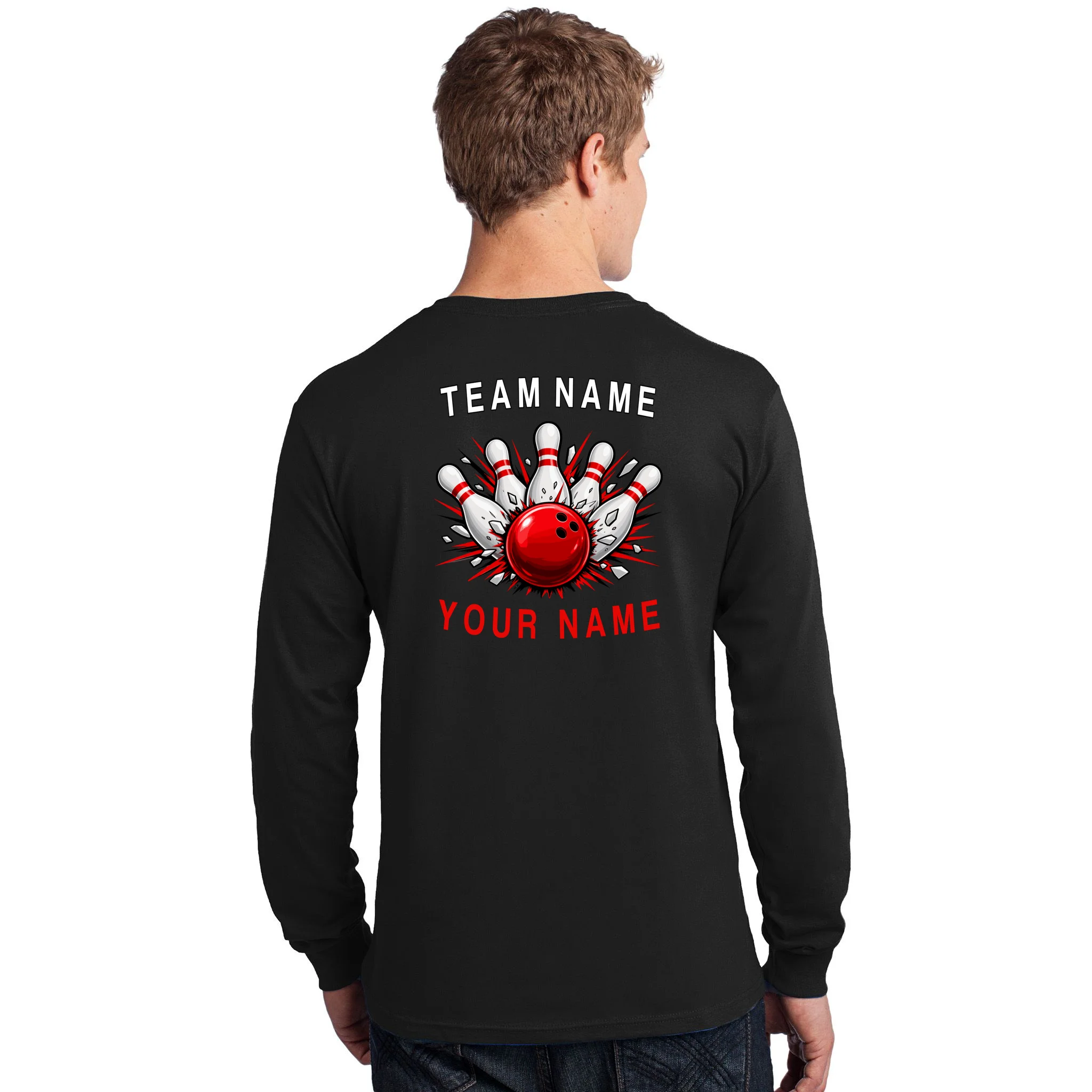 Bowling Team Name Personalized Custom Gift - Custom Bowling Pins & Ball Team Design Men's Long Sleeve Shirt - Back - Close-up