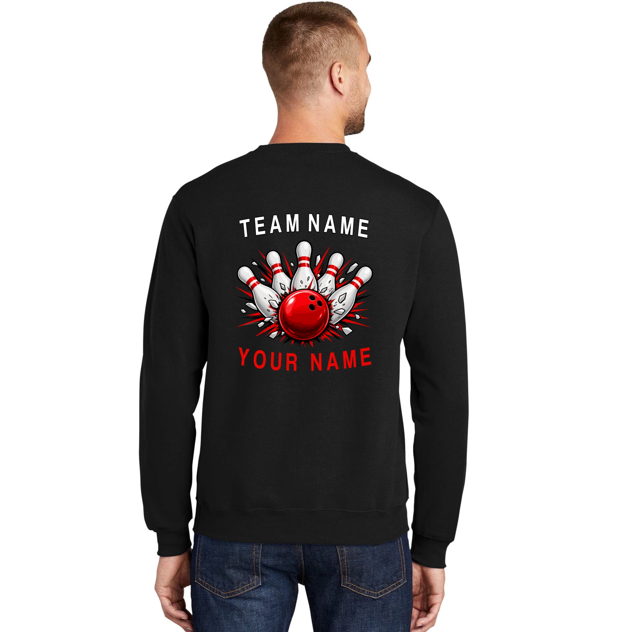 Bowling Team Name Personalized Custom Gift - Custom Bowling Pins & Ball Team Design Men's Sweatshirt - Back