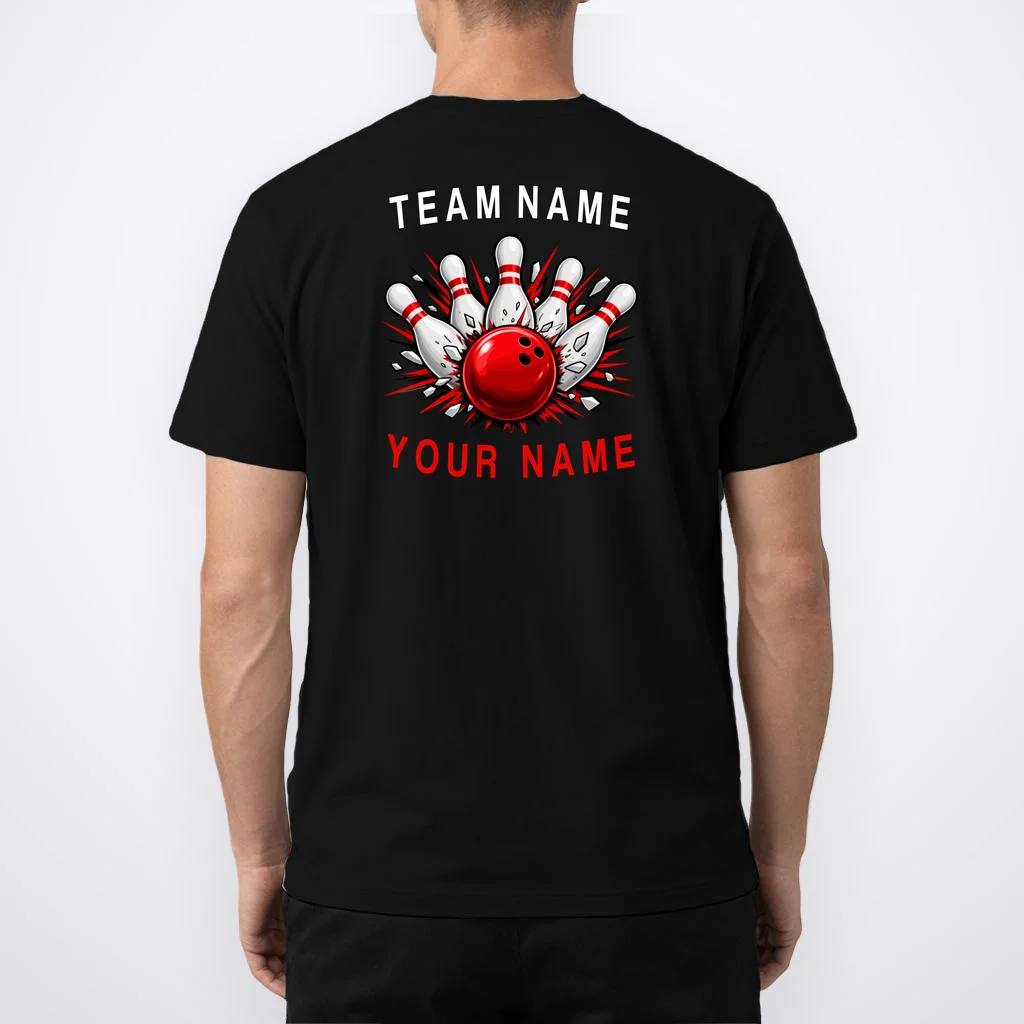Bowling Team Name Personalized Custom Gift - Custom Bowling Pins & Ball Team Design Men's T-Shirt - Back 1