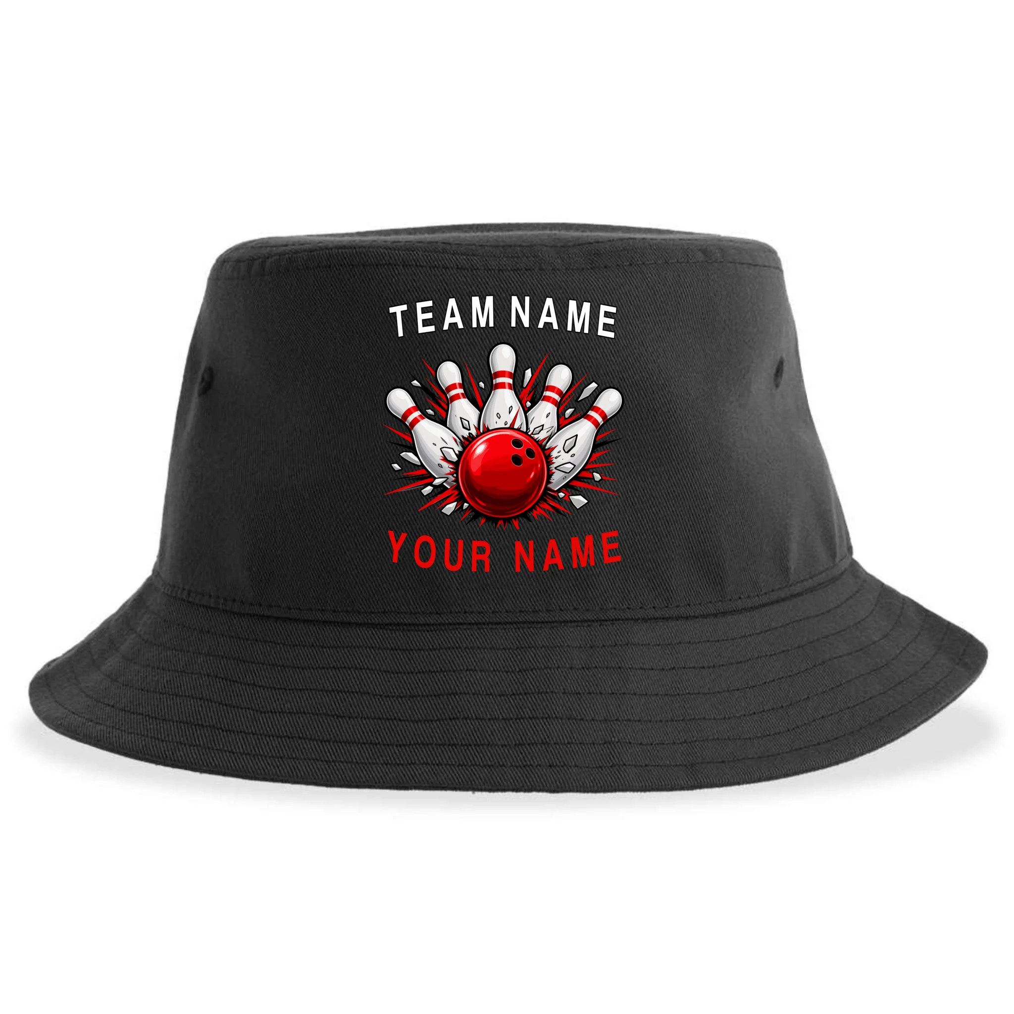 Bowling Team Name Personalized Custom Gift - Custom Bowling Pins & Ball Team Design Bucket Hat - Back - Close-up