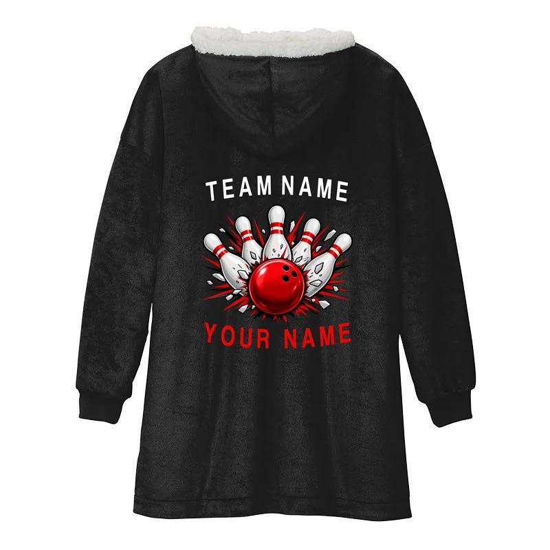 Bowling Team Name Personalized Custom Gift - Custom Bowling Pins & Ball Team Design Hooded Blanket - Back - Close-up