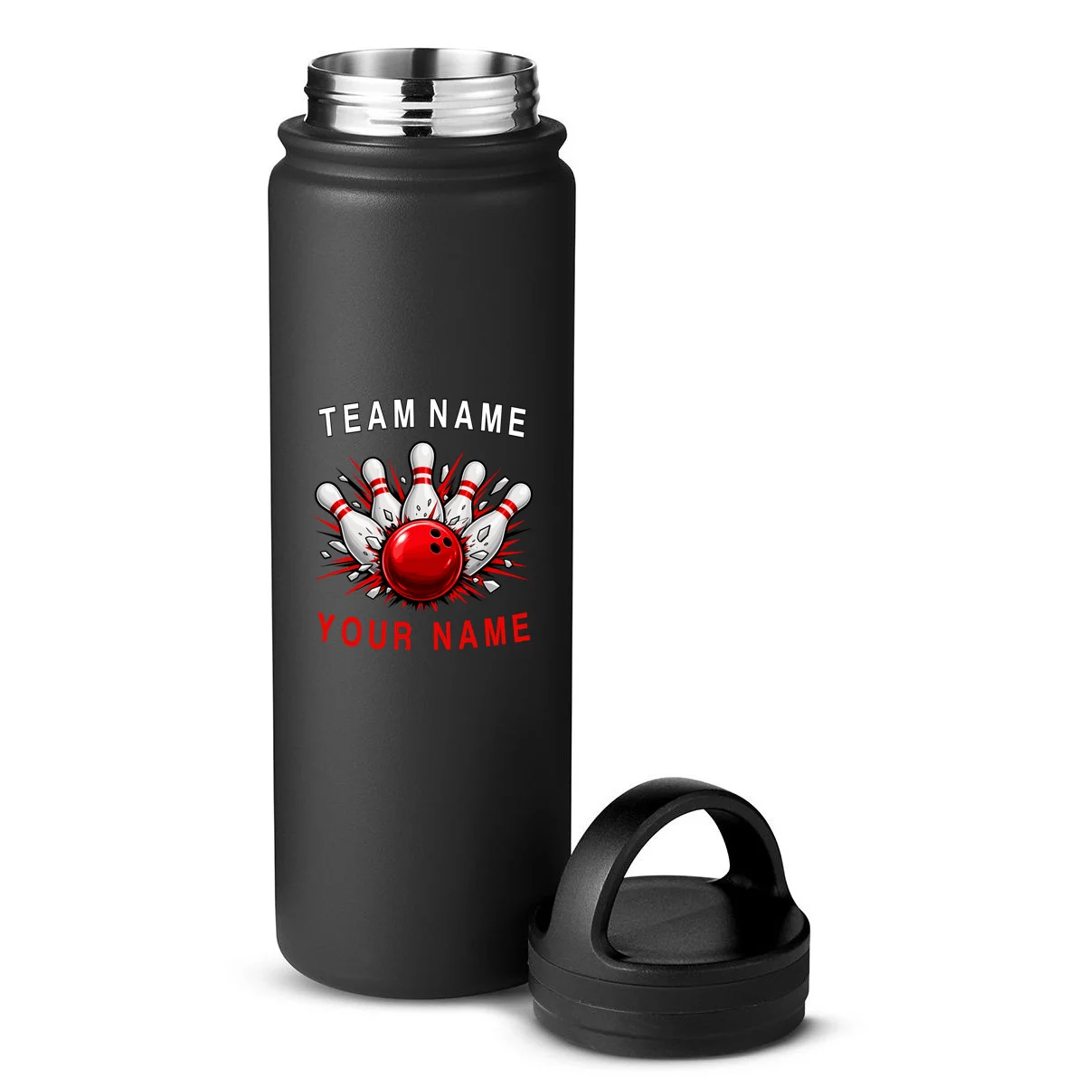Bowling Team Name Personalized Custom Gift - Custom Bowling Pins & Ball Team Design 24oz Water Bottle - Back - Close-up