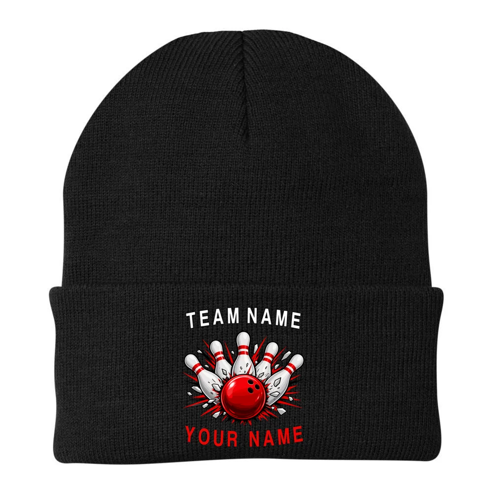 Bowling Team Name Personalized Custom Gift - Custom Bowling Pins & Ball Team Design Beanie - Back - Close-up