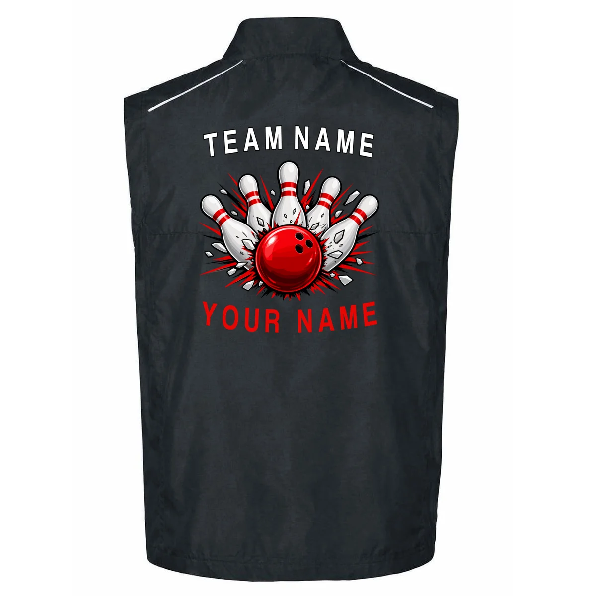 Bowling Team Name Personalized Custom Gift - Custom Bowling Pins & Ball Team Design Men's Vest - Back - Close-up