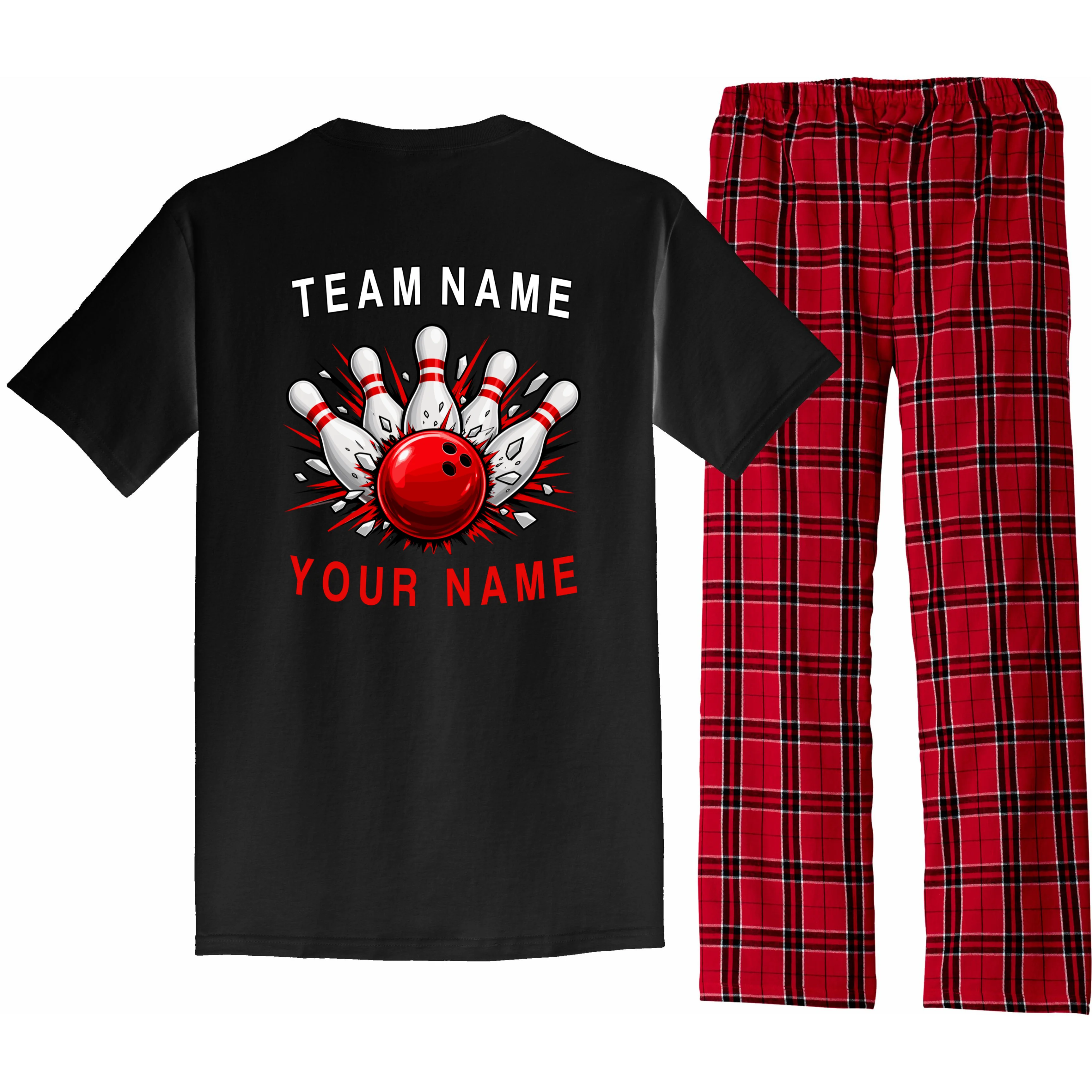 Bowling Team Name Personalized Custom Gift - Custom Bowling Pins & Ball Team Design Men's Pajamas - Back - Close-up