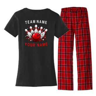 Bowling Team Name Personalized Custom Gift - Custom Bowling Pins & Ball Team Design Women's Flannel Pajama Set - Back - Close-up
