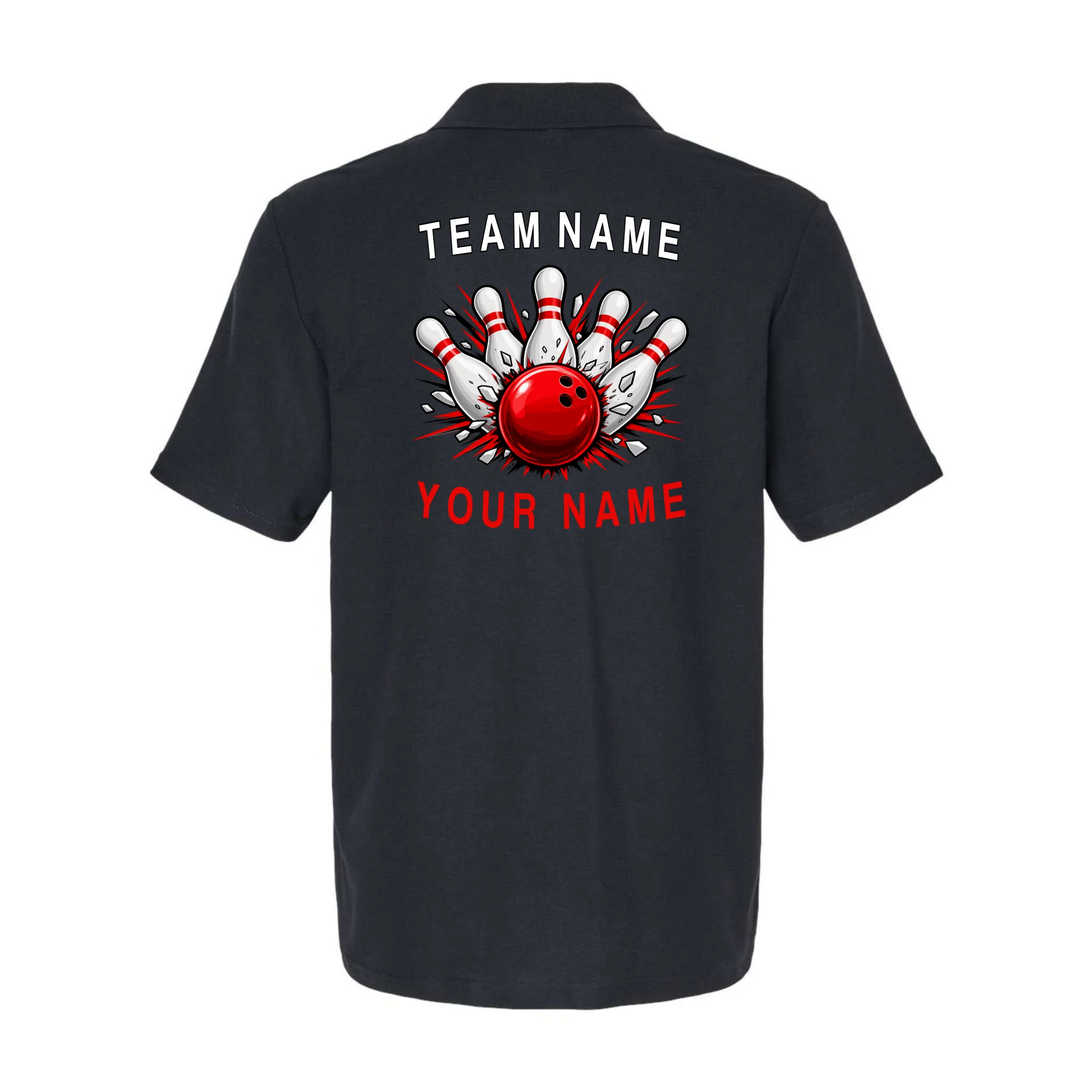 Bowling Team Name Personalized Custom Gift - Custom Bowling Pins & Ball Team Design Men's Polo - Back