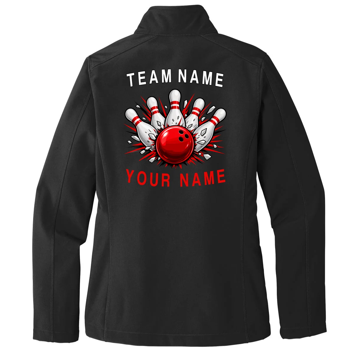 Bowling Team Name Personalized Custom Gift - Custom Bowling Pins & Ball Team Design Women's Soft Jacket - Back - Close-up