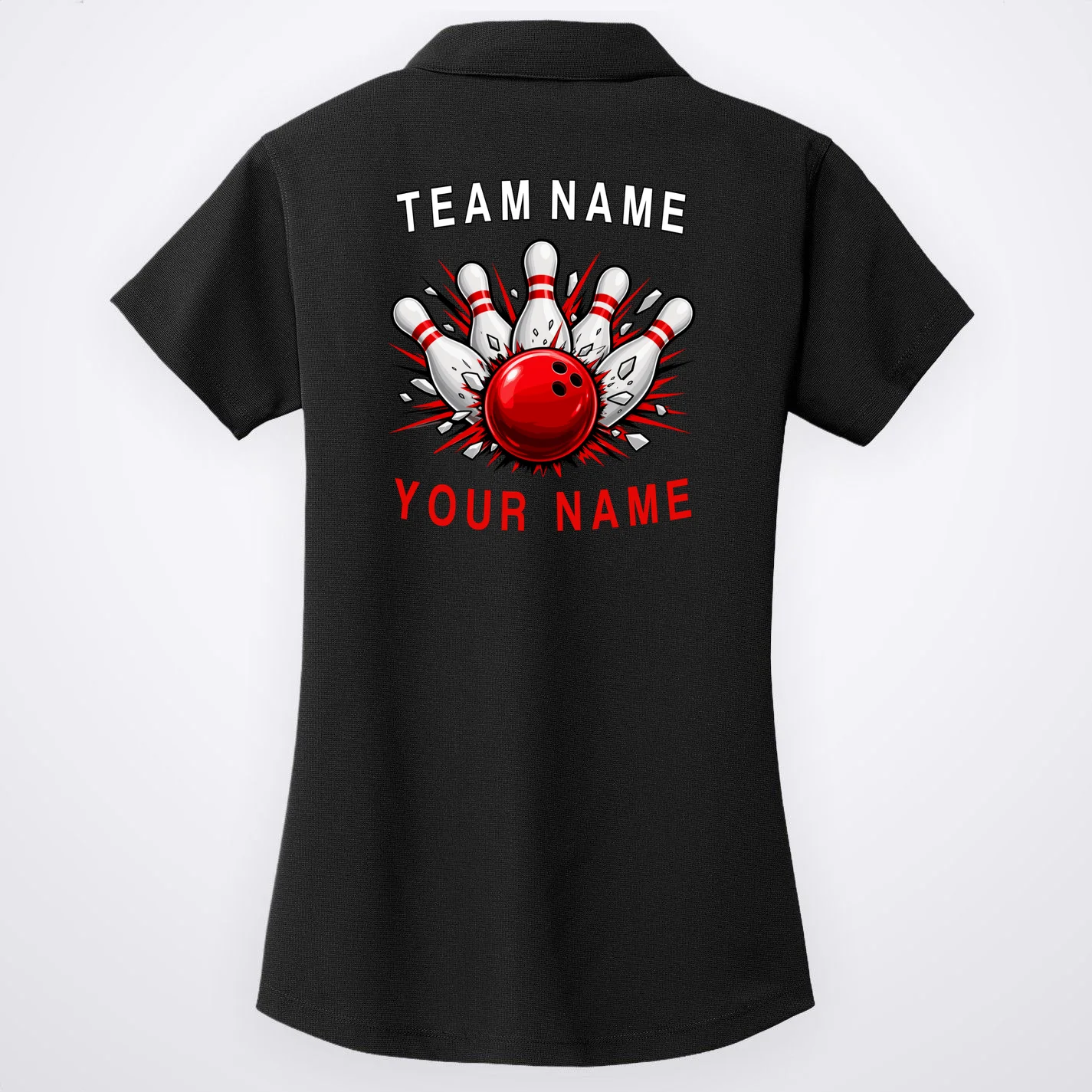 Bowling Team Name Personalized Custom Gift - Custom Bowling Pins & Ball Team Design Women's Polo - Back - Close-up
