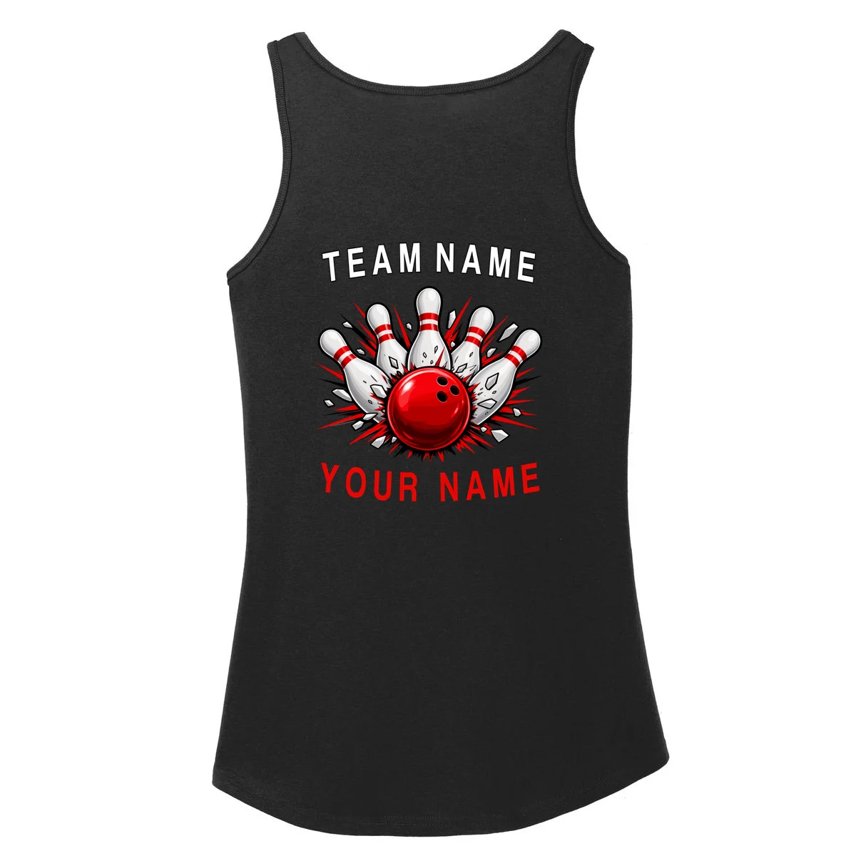 Bowling Team Name Personalized Custom Gift - Custom Bowling Pins & Ball Team Design Women's Tank Top - Back - Close-up