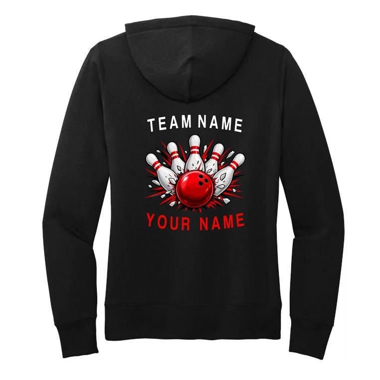 Bowling Team Name Personalized Custom Gift - Custom Bowling Pins & Ball Team Design Women's Pullover Hoodie - Back - Close-up