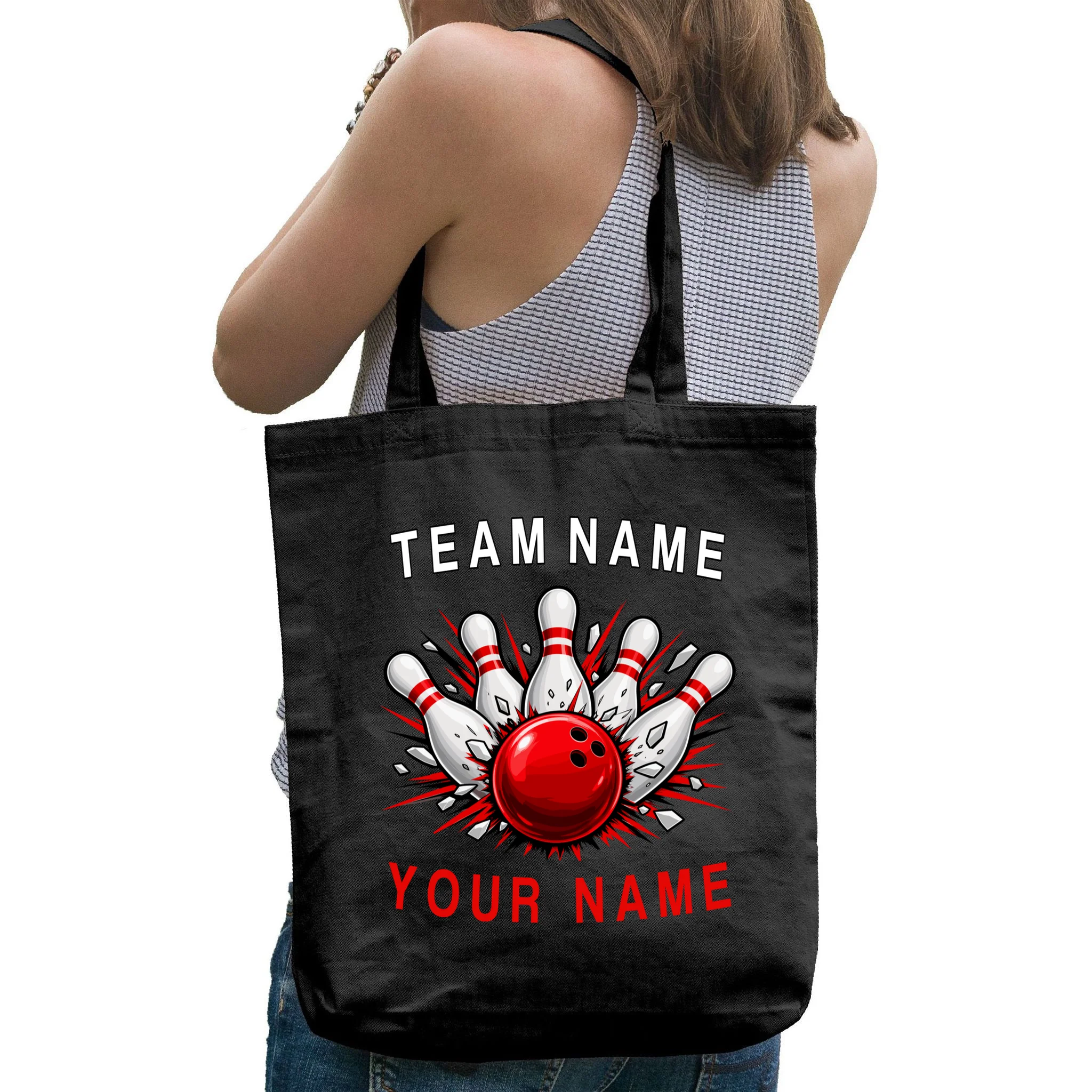 Bowling Team Name Personalized Custom Gift - Custom Bowling Pins & Ball Team Design Tote Bag - Back - Close-up