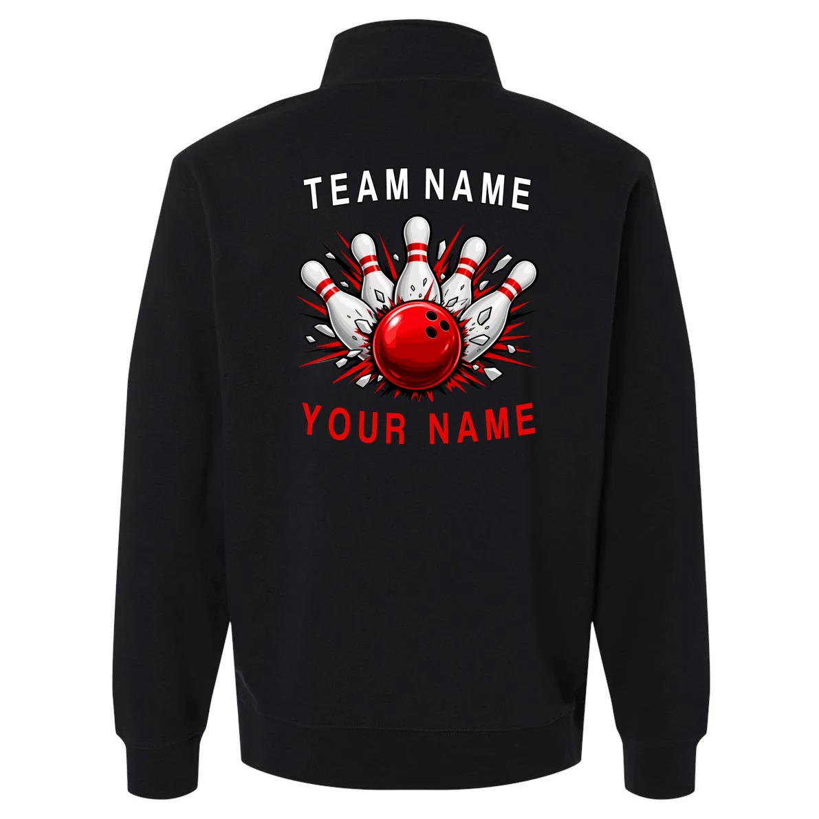 Bowling Team Name Personalized Custom Gift - Custom Bowling Pins & Ball Team Design Men's Pullover Quarter Zip - Back - Close-up