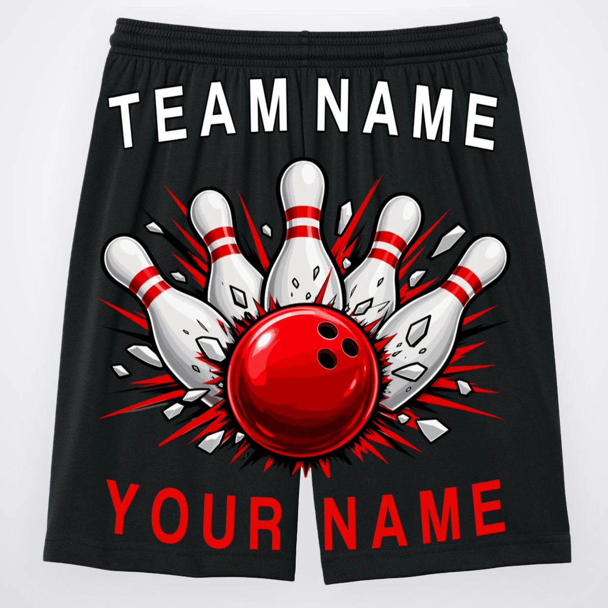 Bowling Team Name Personalized Custom Gift - Custom Bowling Pins & Ball Team Design Men's Shorts - Back