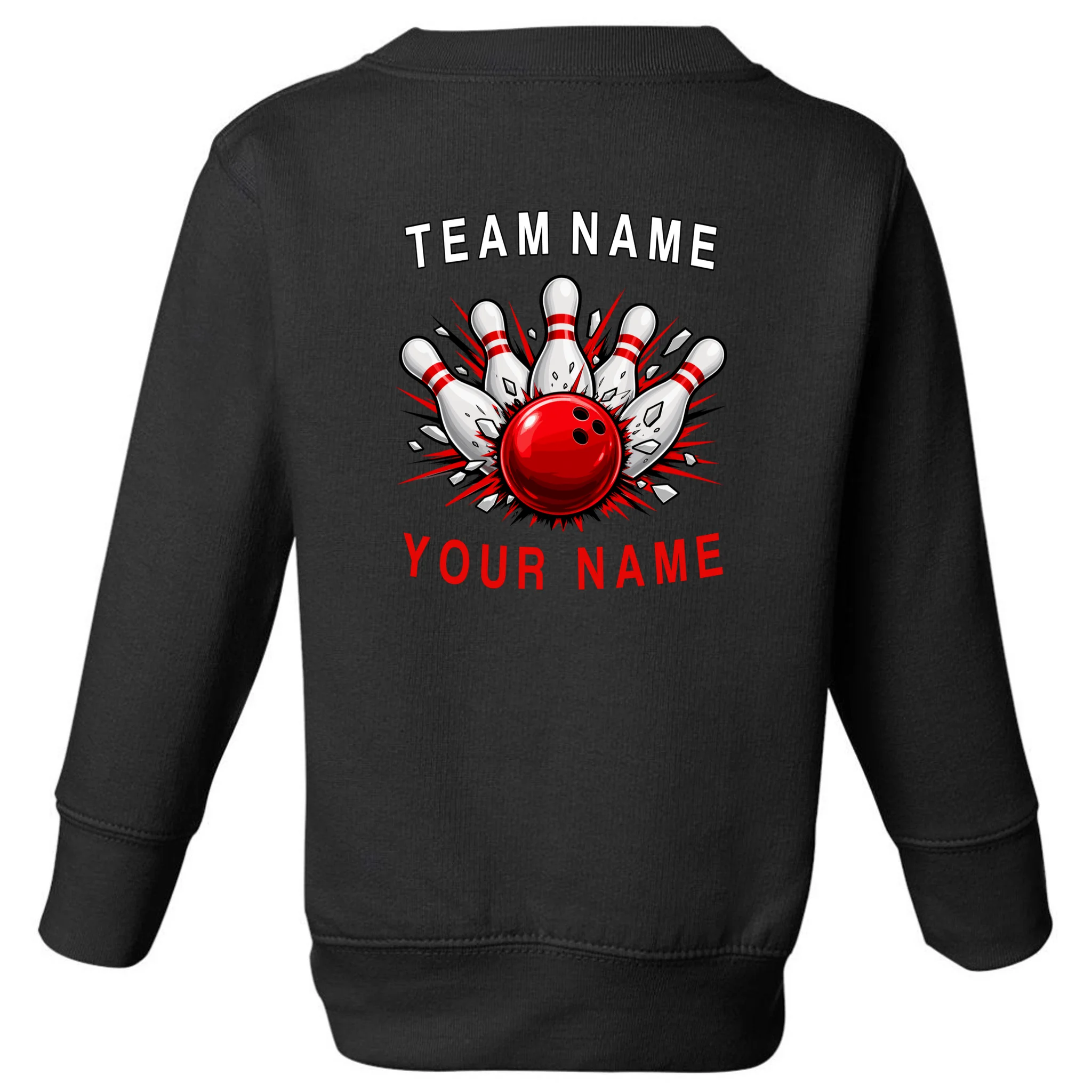 Bowling Team Name Personalized Custom Gift - Custom Bowling Pins & Ball Team Design Toddler Sweatshirt - Back - Close-up