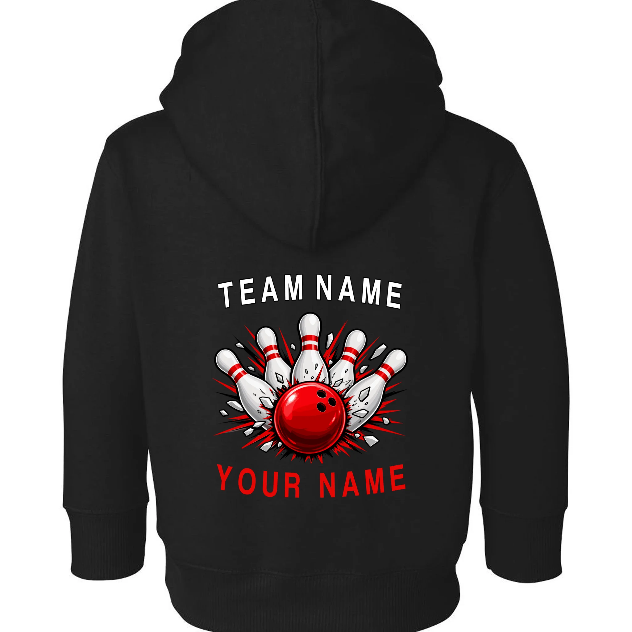 Bowling Team Name Personalized Custom Gift - Custom Bowling Pins & Ball Team Design Toddler Hoodie - Back - Close-up