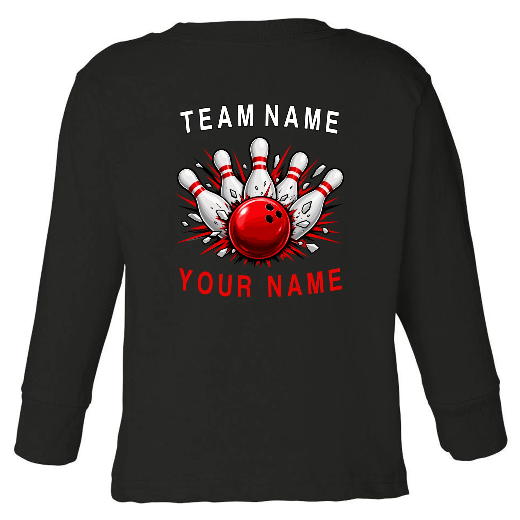 Bowling Team Name Personalized Custom Gift - Custom Bowling Pins & Ball Team Design Toddler Long Sleeve Shirt - Back - Close-up