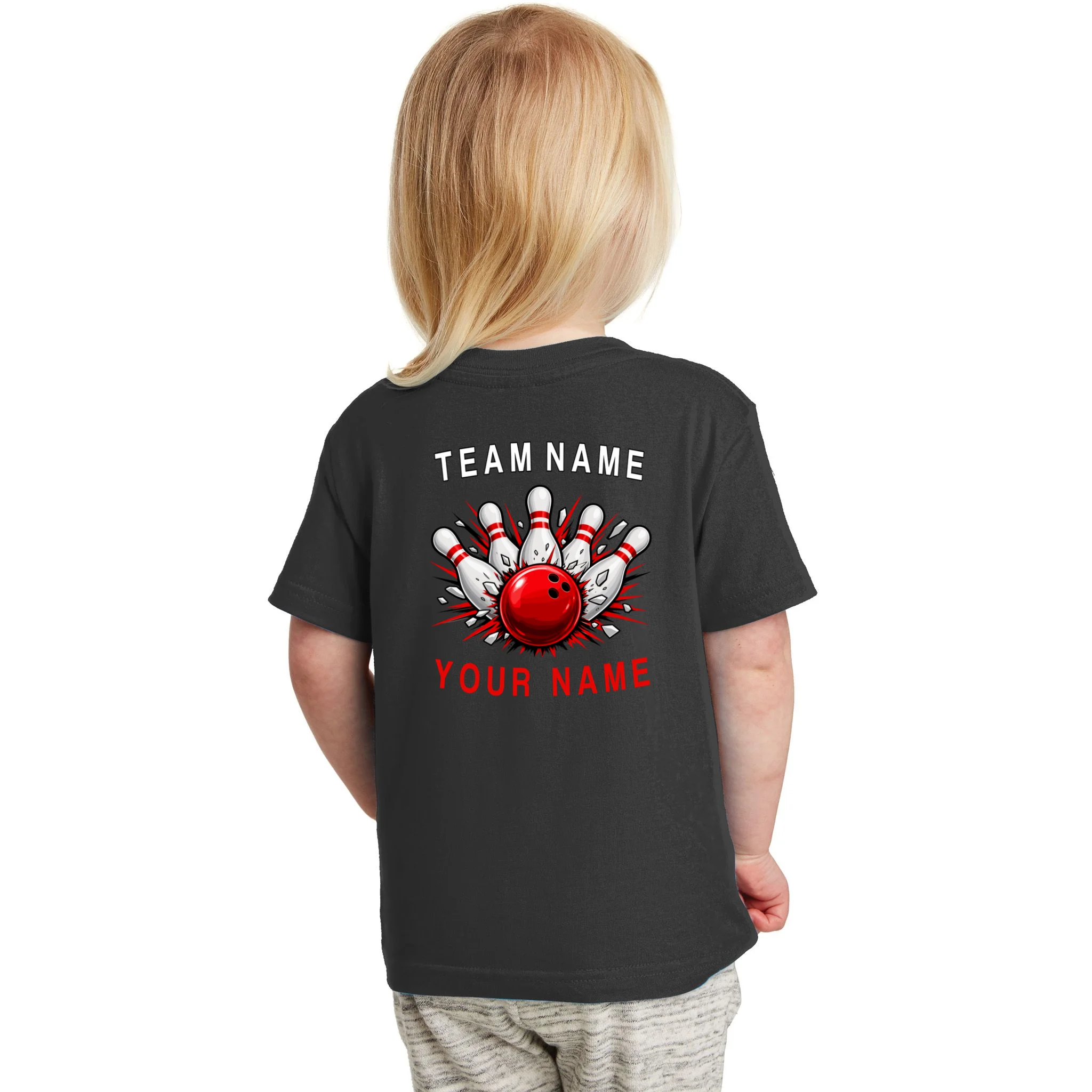 Bowling Team Name Personalized Custom Gift - Custom Bowling Pins & Ball Team Design Toddler T-Shirt - Back