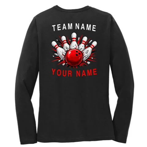 Bowling Team Name Personalized Custom Gift - Custom Bowling Pins & Ball Team Design Women's Long Sleeve Shirt - Back - Close-up