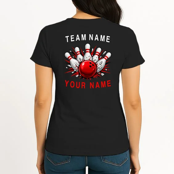 Bowling Team Name Personalized Custom Gift - Custom Bowling Pins & Ball Team Design Women's T-Shirt - Back