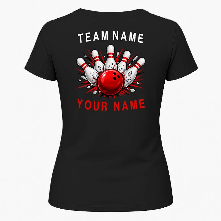 Bowling Team Name Personalized Custom Gift - Custom Bowling Pins & Ball Team Design Women's T-Shirt - Back 1