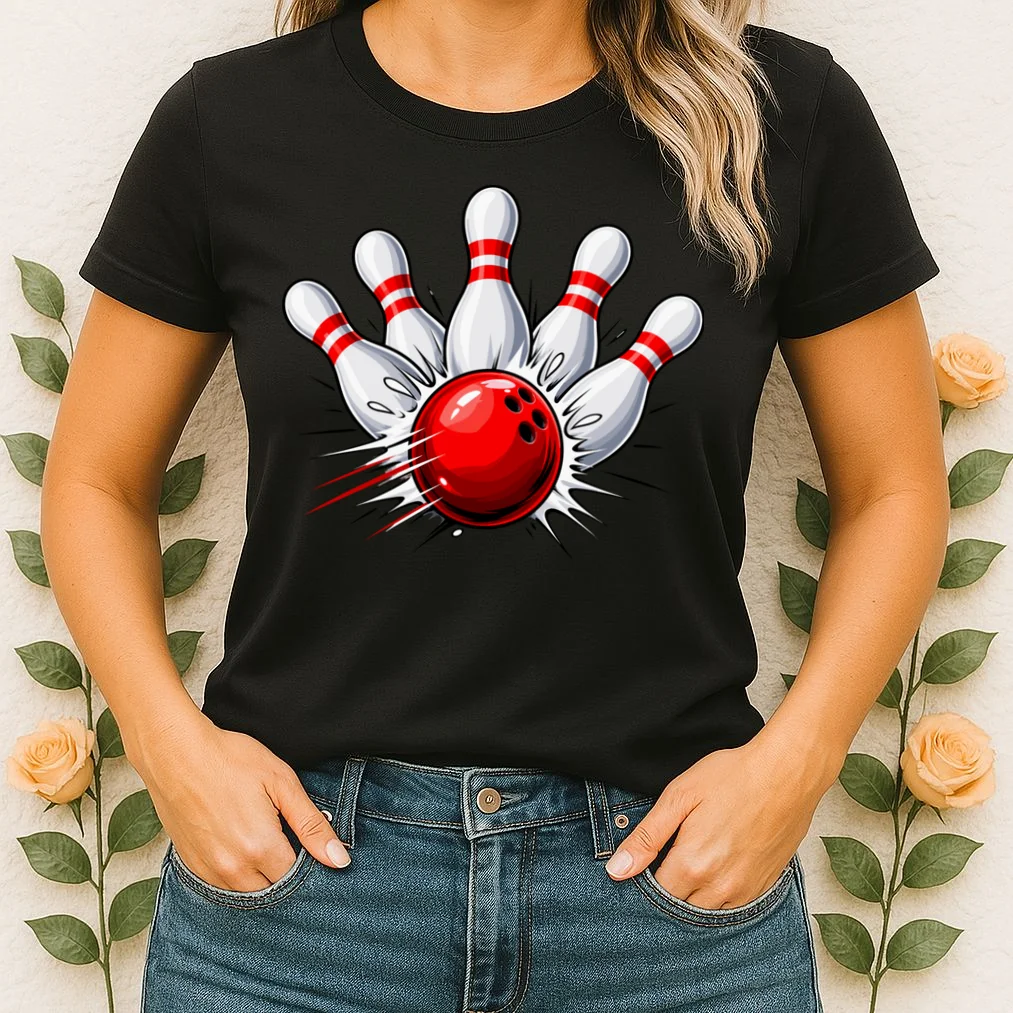 Bowling Team Name Personalized Custom Gift - Custom Bowling Pins & Ball Team Design Women's T-Shirt - Front 1