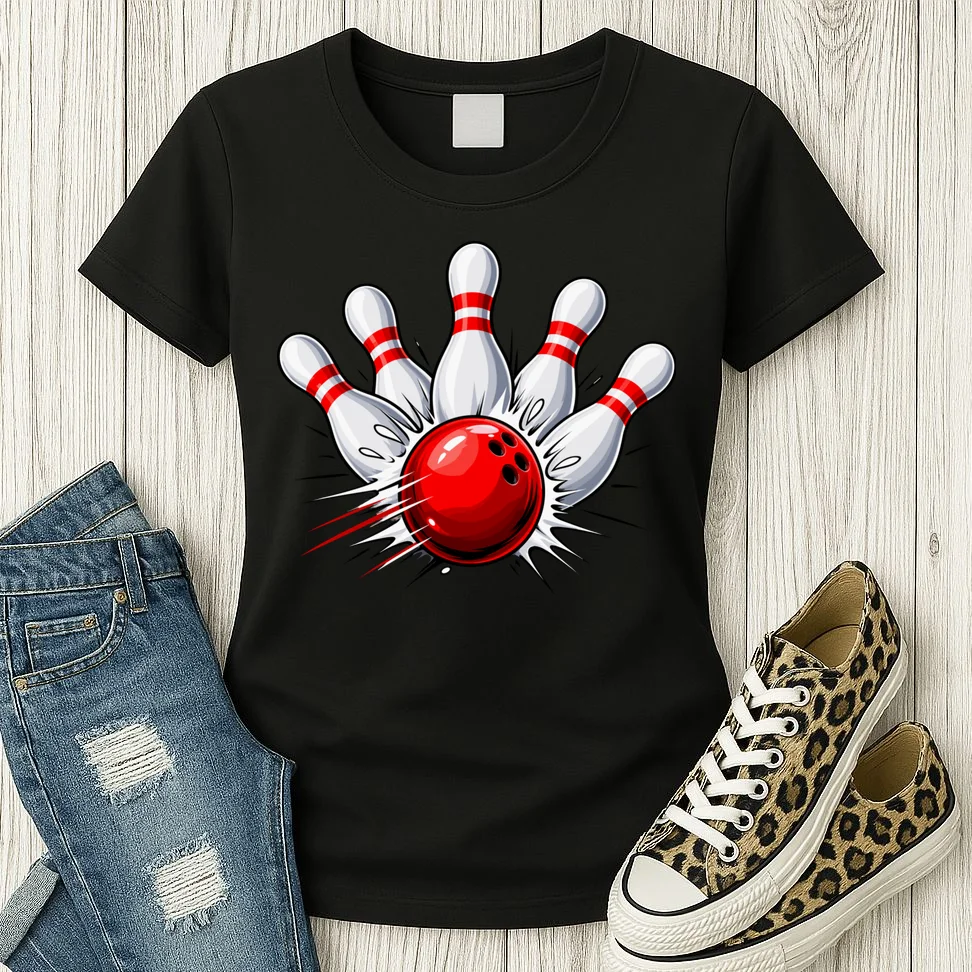 Bowling Team Name Personalized Custom Gift - Custom Bowling Pins & Ball Team Design Women's T-Shirt - Front 2