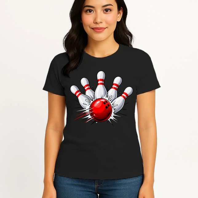 Bowling Team Name Personalized Custom Gift - Custom Bowling Pins & Ball Team Design Women's T-Shirt - Front 3