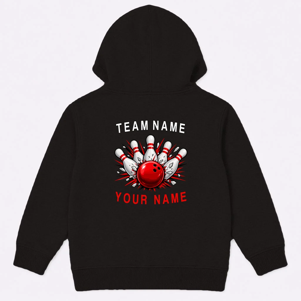 Bowling Team Name Personalized Custom Gift - Custom Bowling Pins & Ball Team Design Kids Hoodie - Back