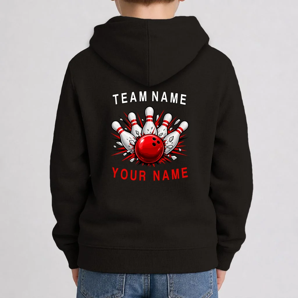 Bowling Team Name Personalized Custom Gift - Custom Bowling Pins & Ball Team Design Kids Hoodie - Back 1