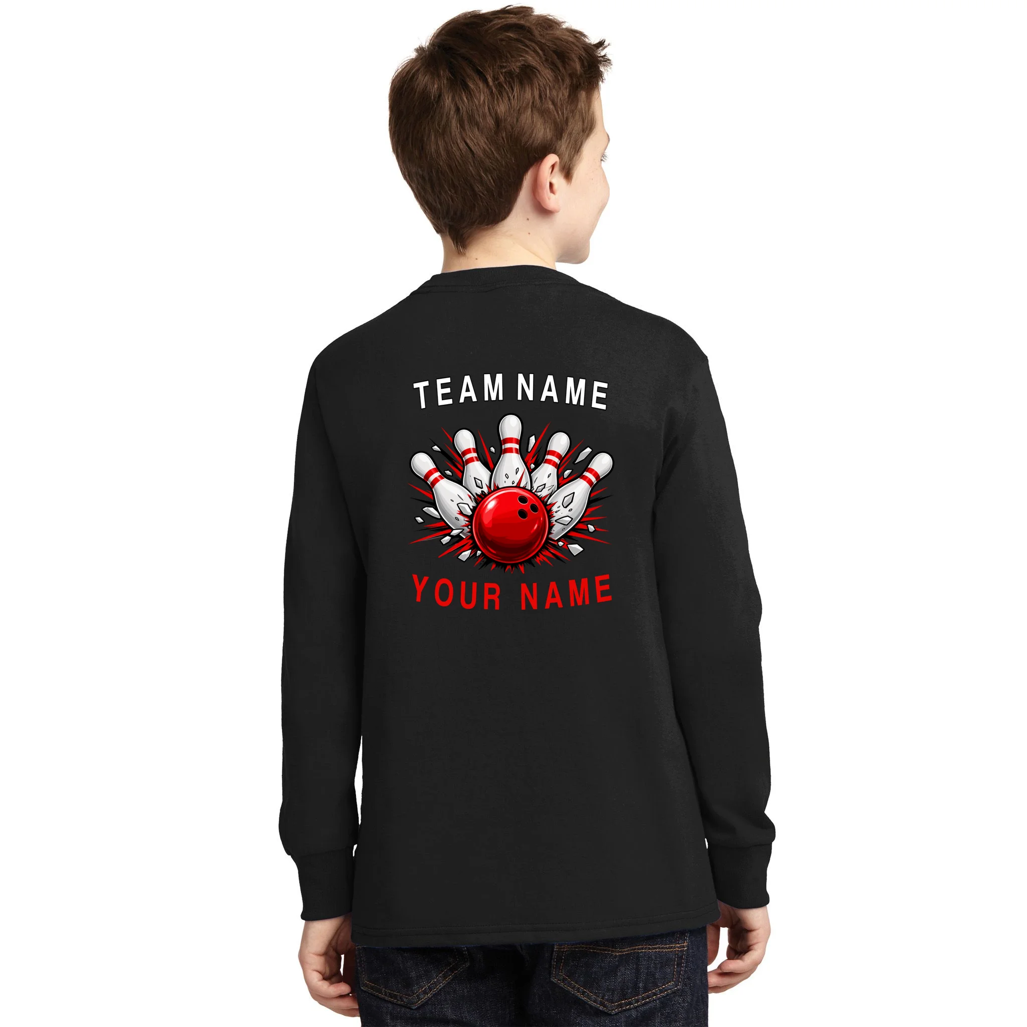 Bowling Team Name Personalized Custom Gift - Custom Bowling Pins & Ball Team Design Kids Long Sleeve Shirt - Back - Close-up