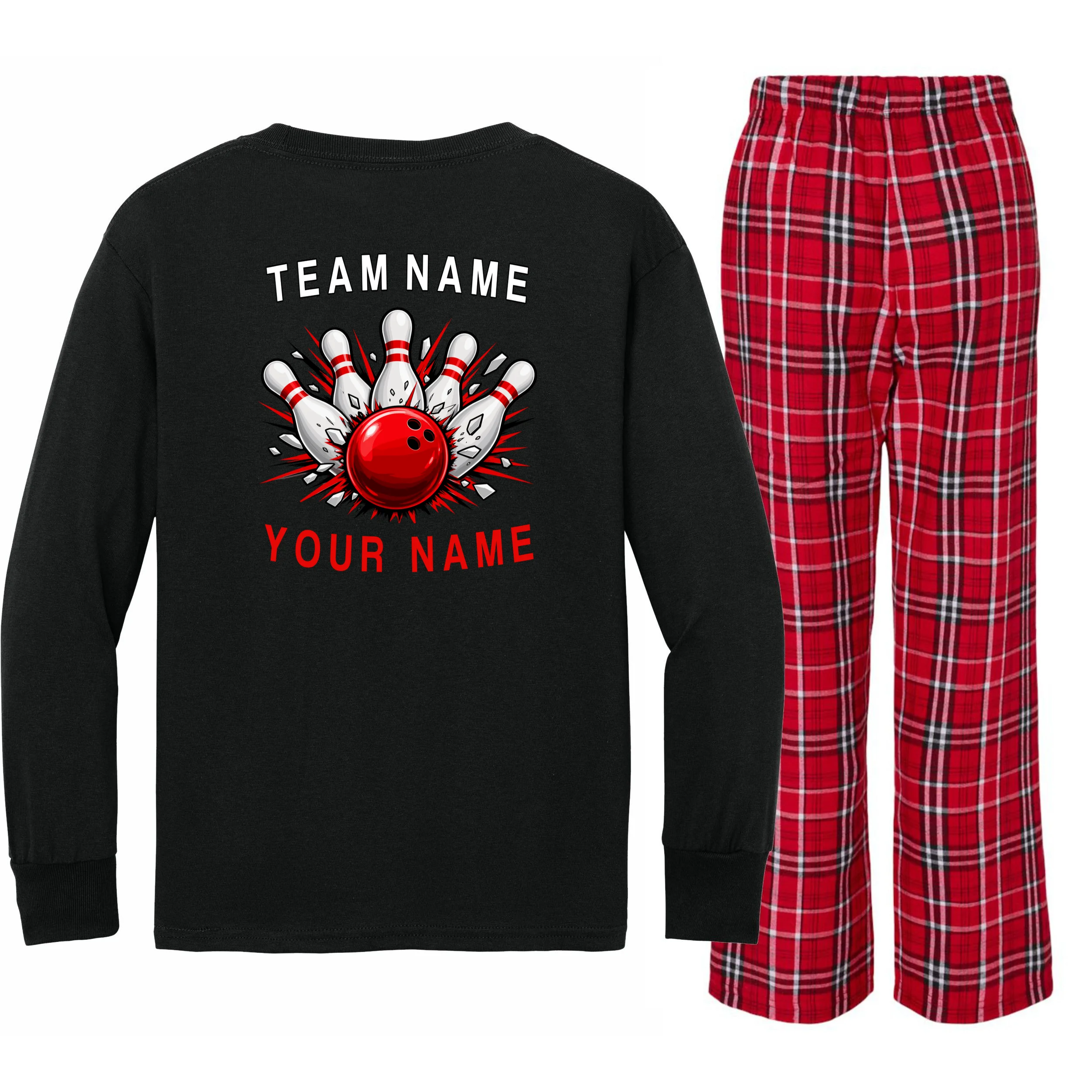 Bowling Team Name Personalized Custom Gift - Custom Bowling Pins & Ball Team Design Kids Long Sleeve Pajamas - Back - Close-up