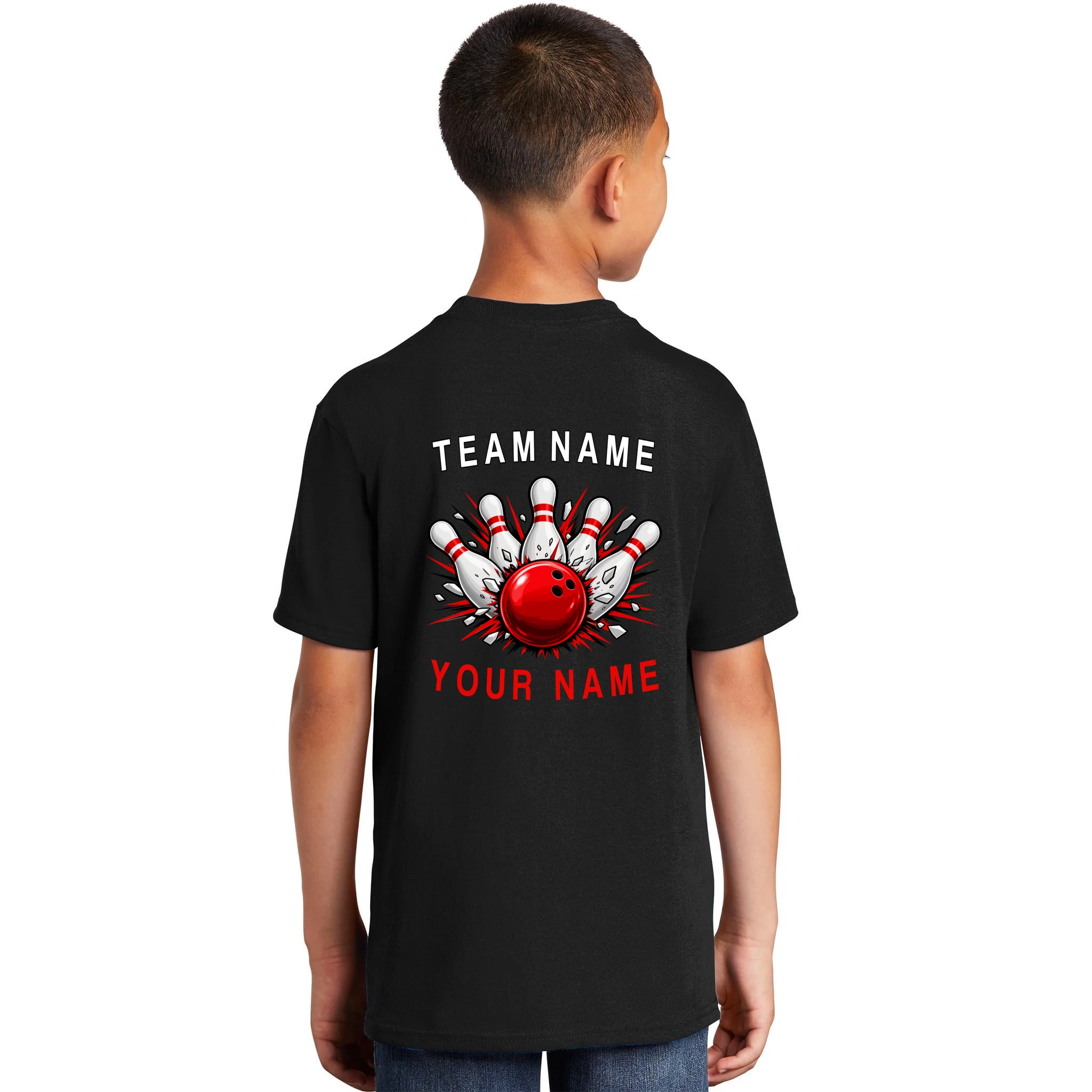 Bowling Team Name Personalized Custom Gift - Custom Bowling Pins & Ball Team Design Kids T-Shirt - Back
