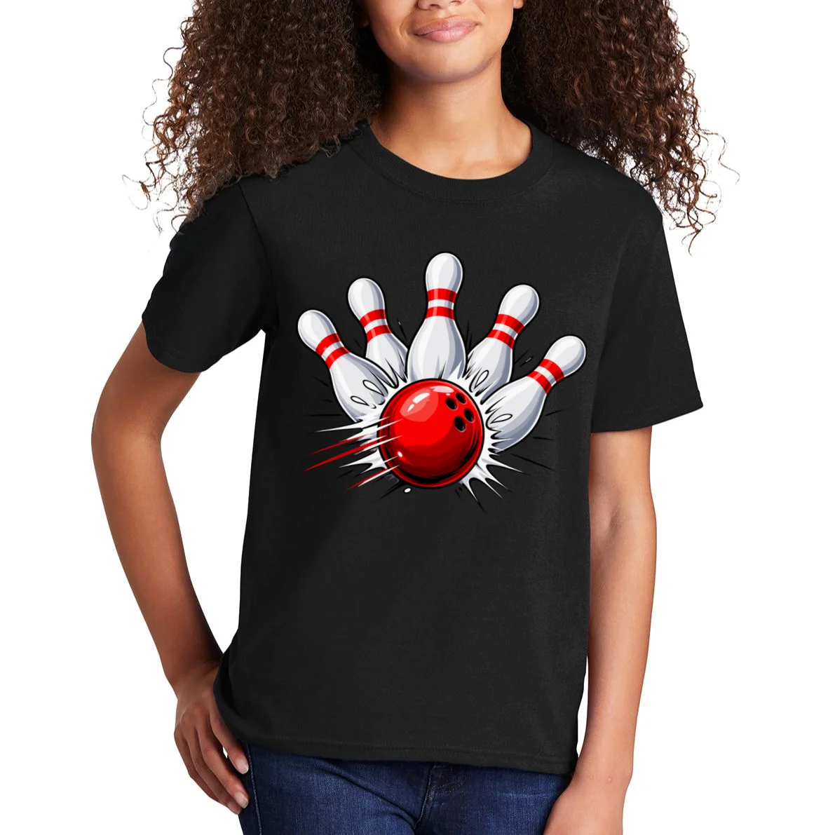 Bowling Team Name Personalized Custom Gift - Custom Bowling Pins & Ball Team Design Kids T-Shirt - Front 1