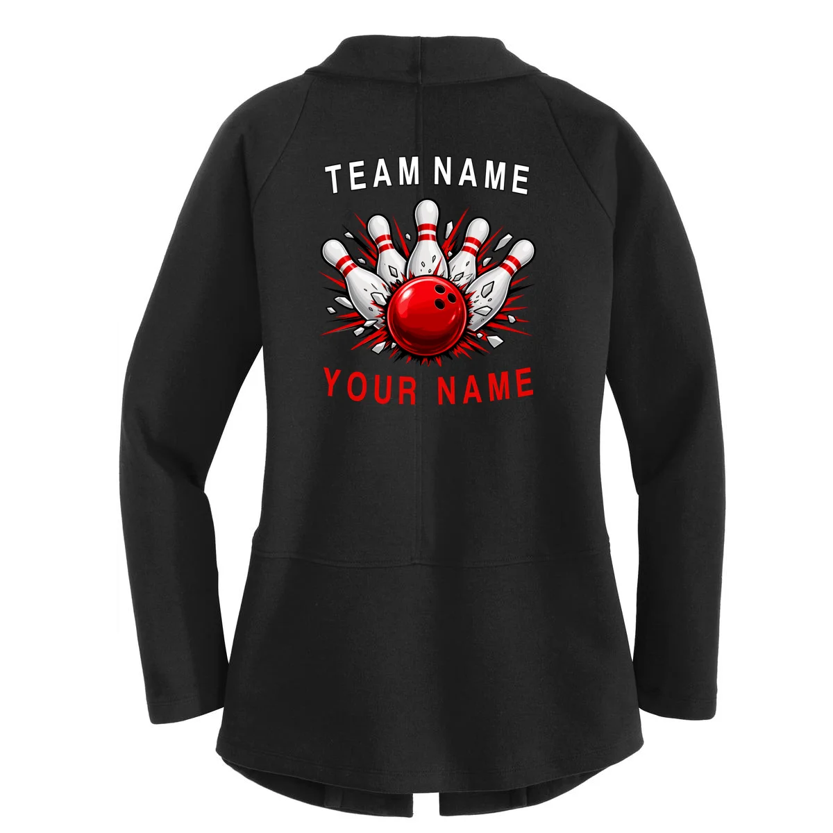 Bowling Team Name Personalized Custom Gift - Custom Bowling Pins & Ball Team Design Women's Cardigan - Back - Close-up