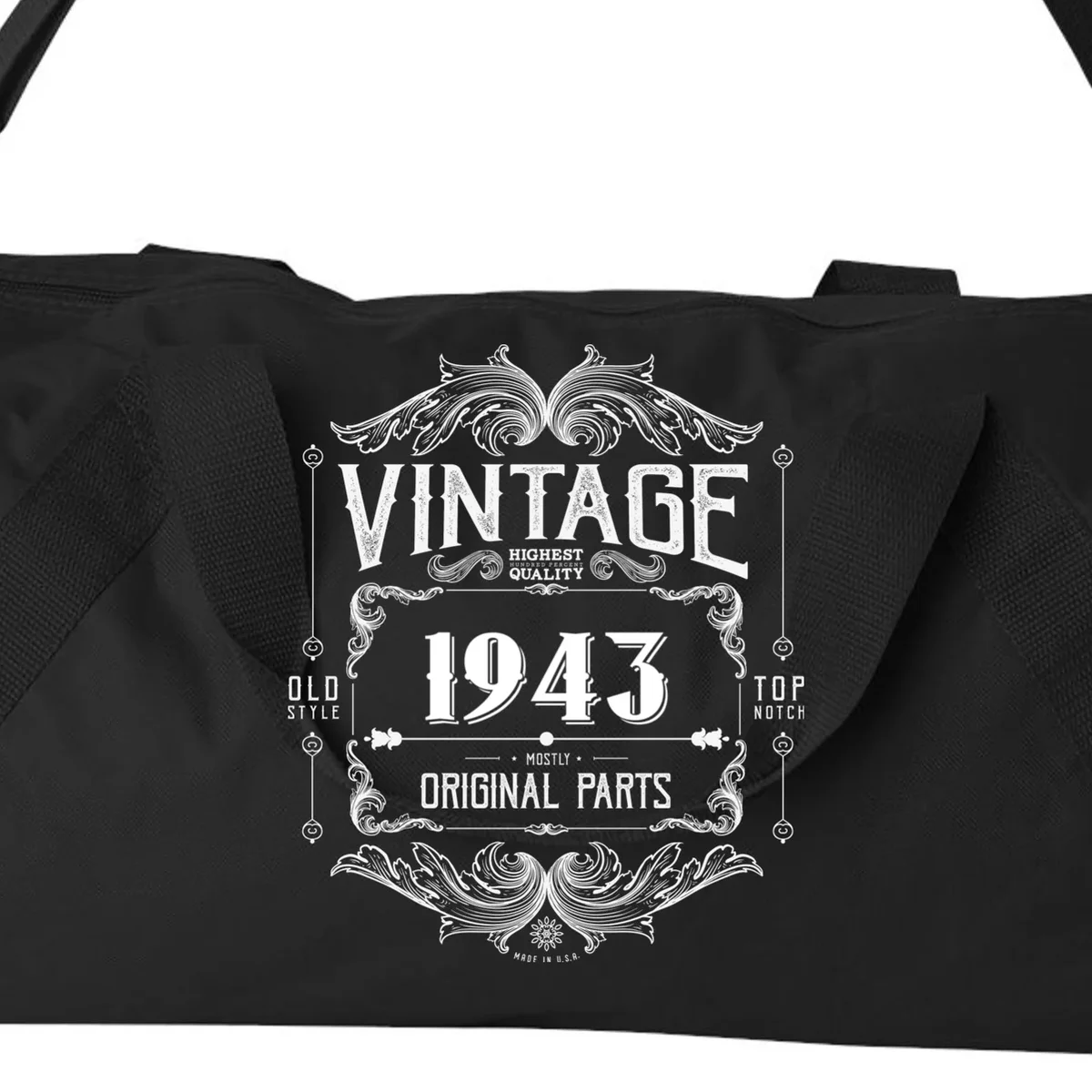 Birthday Vintage Year Mostly Original Parts Custom Personalized Duffel Bag - Front - Close-up