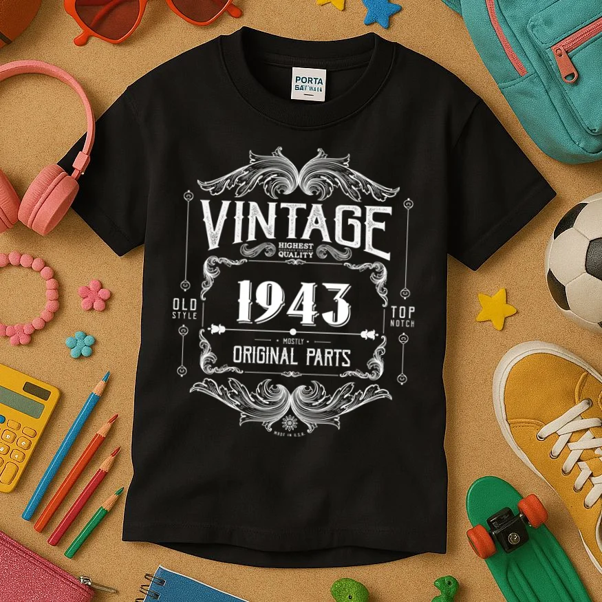 Birthday Vintage Year Mostly Original Parts Custom Personalized Kids T-Shirt - Front 2
