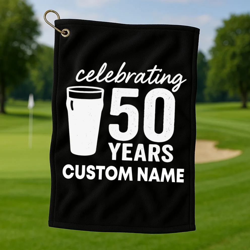 celebrating 50 years custom name Golf Towel - Front 1