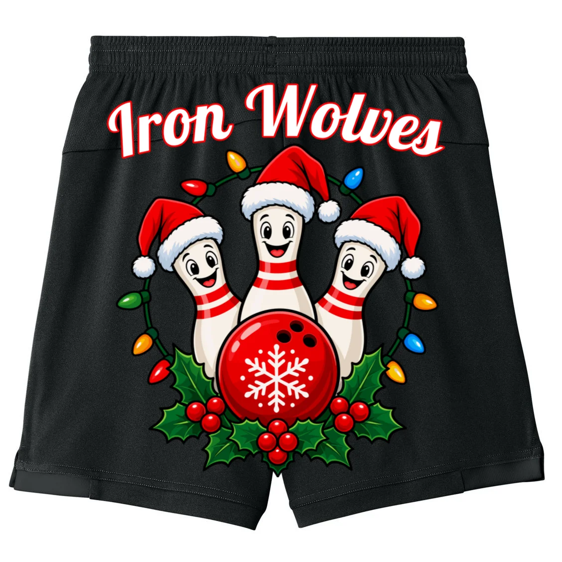 Christmas Bowling Pins – Santa Hat & Snowflake Custom Name & Team Name Kids Shorts - Back
