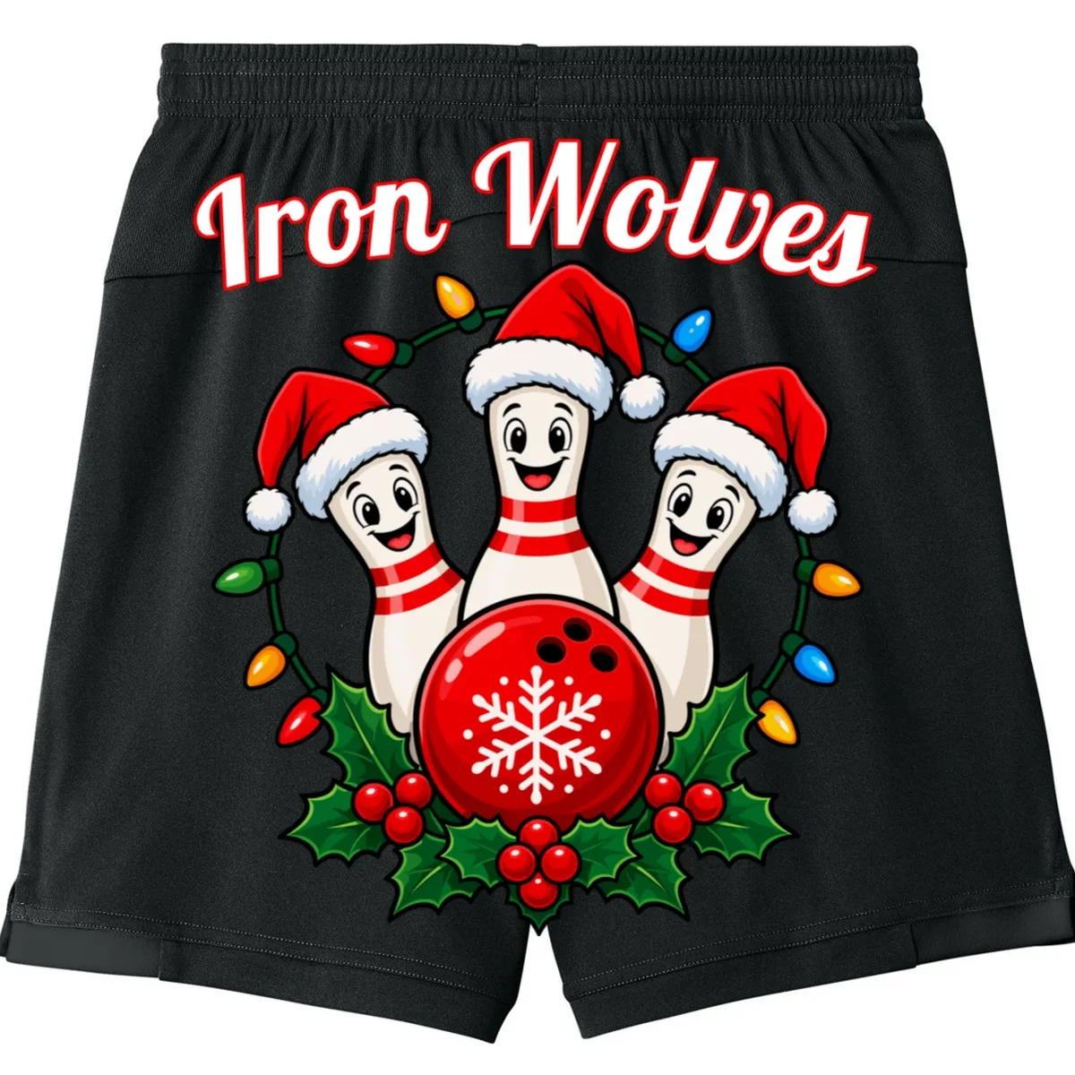 Christmas Bowling Pins – Santa Hat & Snowflake Custom Name & Team Name Kids Shorts - Back - Close-up