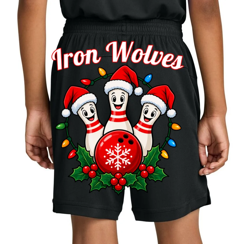 Christmas Bowling Pins – Santa Hat & Snowflake Custom Name & Team Name Kids Shorts - Back 1