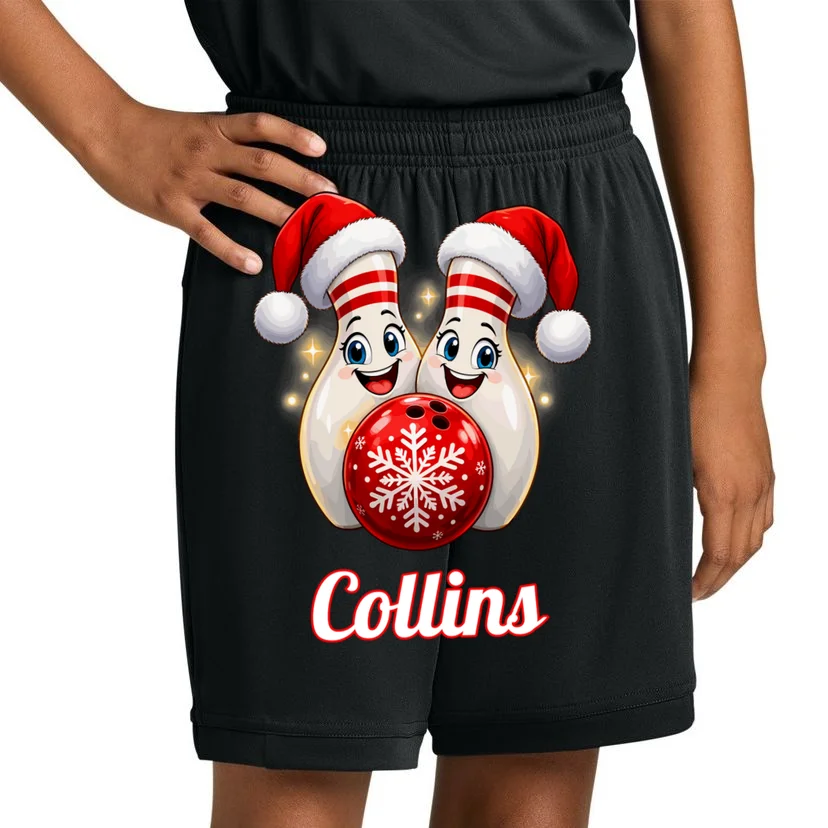 Christmas Bowling Pins – Santa Hat & Snowflake Custom Name & Team Name Kids Shorts - Front 1