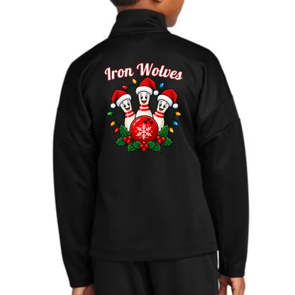 Christmas Bowling Pins – Santa Hat & Snowflake Custom Name & Team Name Kids Jacket - Back - Close-up