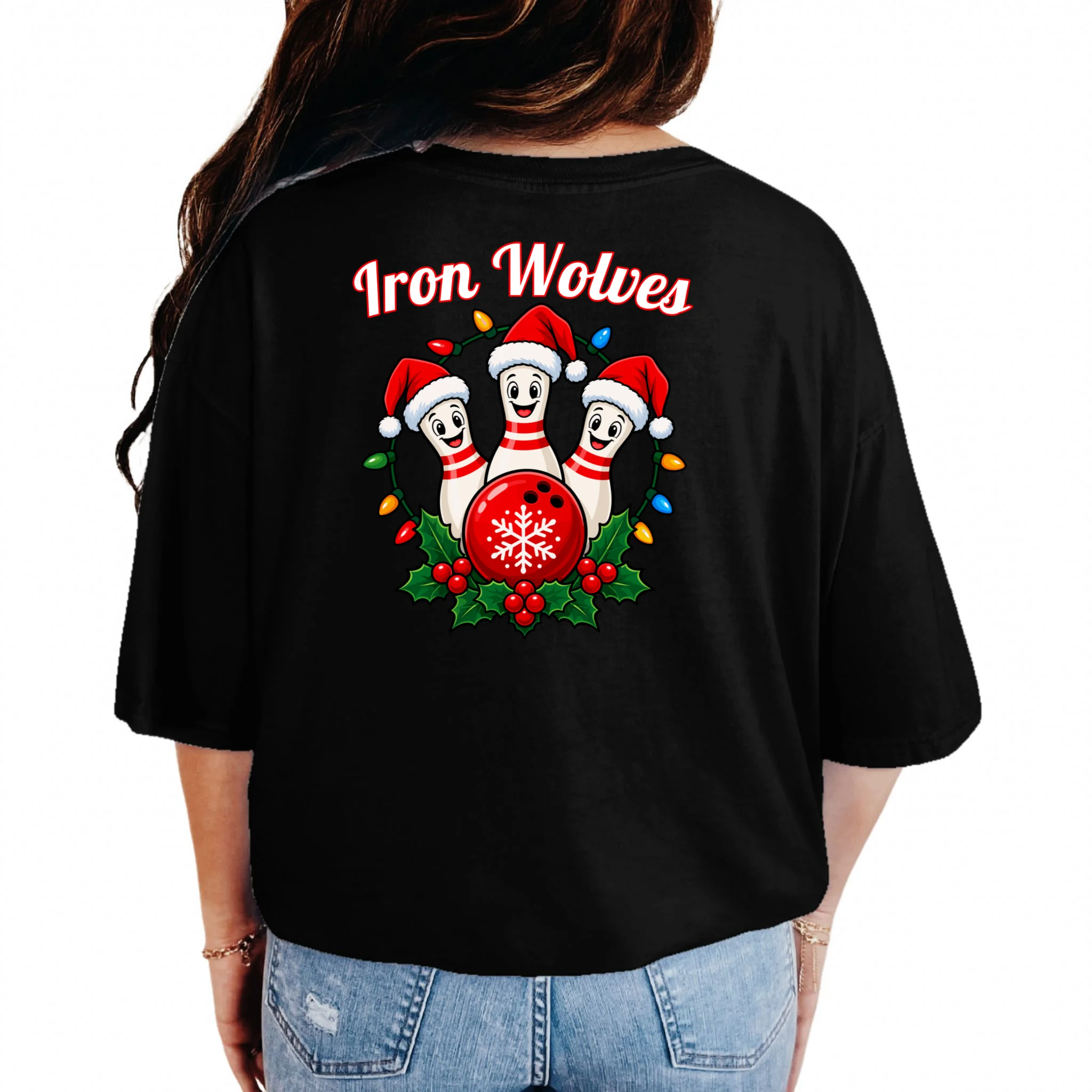 Christmas Bowling Pins – Santa Hat & Snowflake Custom Name & Team Name Comfort Colors Unisex T-Shirt - Back