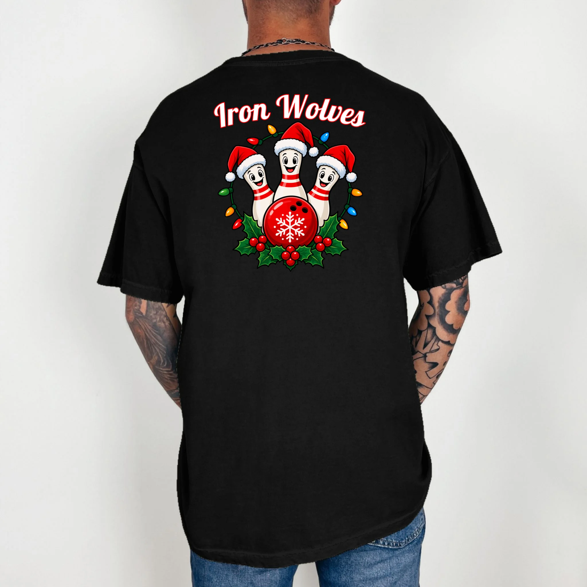 Christmas Bowling Pins – Santa Hat & Snowflake Custom Name & Team Name Comfort Colors Unisex T-Shirt - Back 2