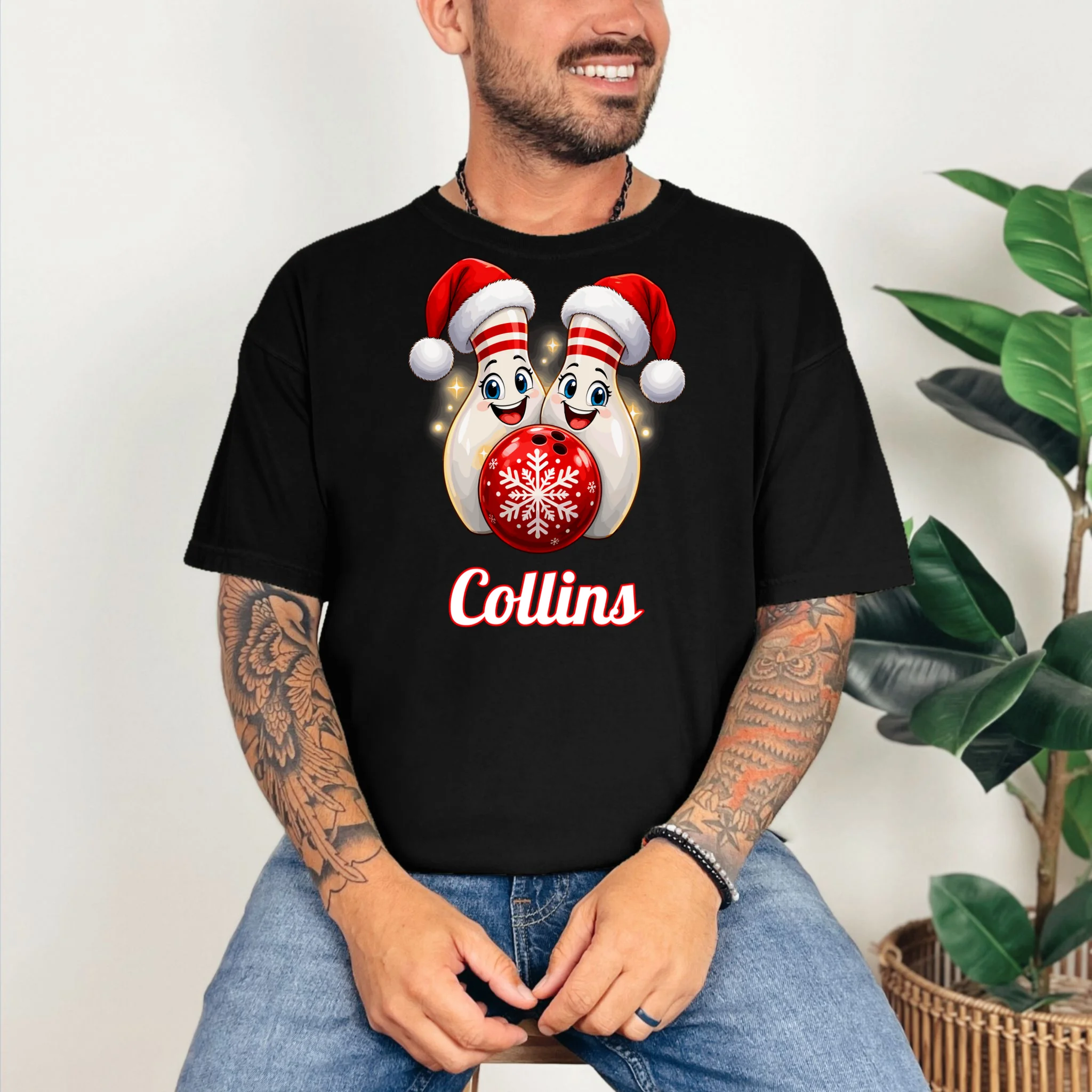 Christmas Bowling Pins – Santa Hat & Snowflake Custom Name & Team Name Comfort Colors Unisex T-Shirt - Front 2