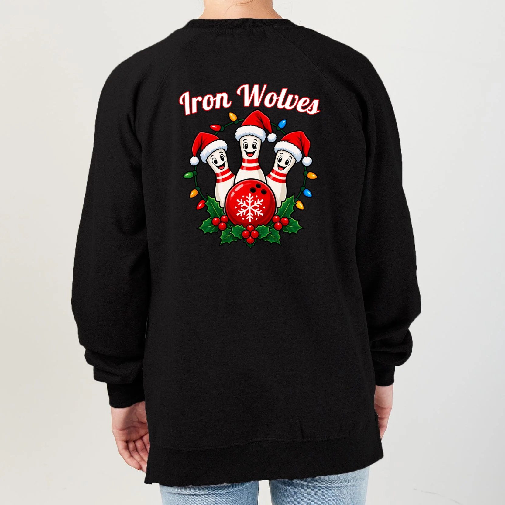 Christmas Bowling Pins – Santa Hat & Snowflake Custom Name & Team Name Women's Sweatshirt - Back - Close-up