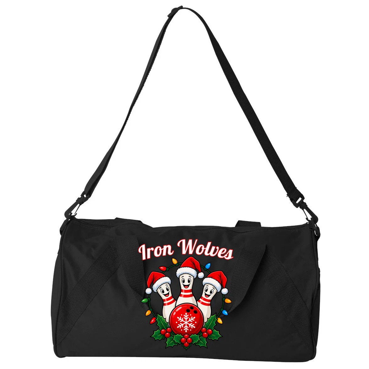 Christmas Bowling Pins – Santa Hat & Snowflake Custom Name & Team Name Duffel Bag - Back - Close-up