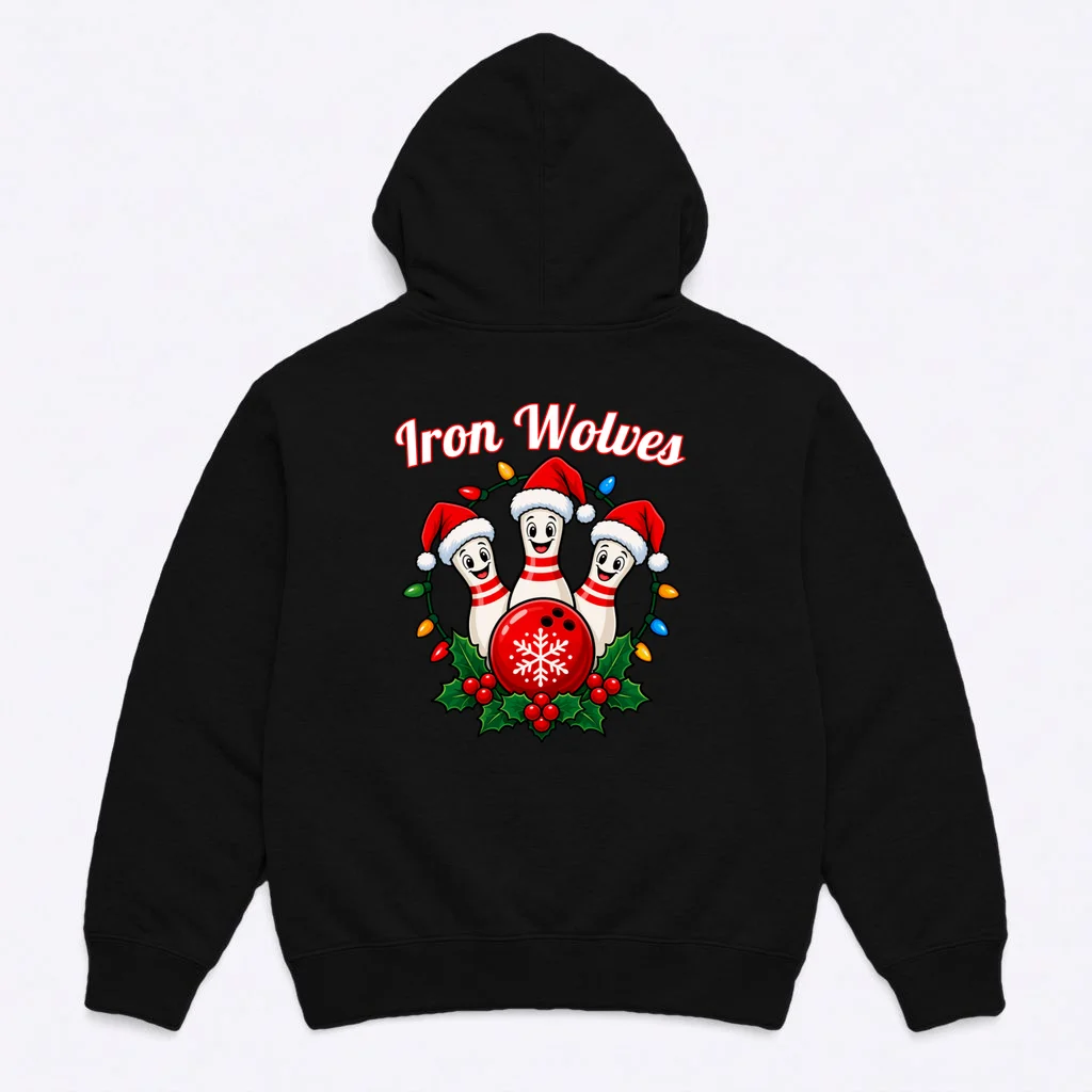 Christmas Bowling Pins – Santa Hat & Snowflake Custom Name & Team Name Men's Hoodie - Back
