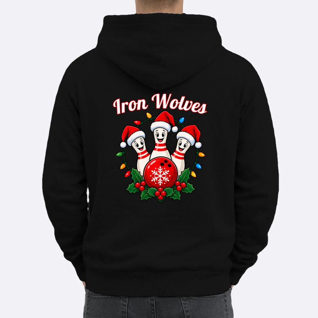 Christmas Bowling Pins – Santa Hat & Snowflake Custom Name & Team Name Men's Hoodie - Back 1